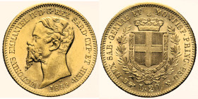 REGNO DI SARDEGNA VITTORIO EMANUELE II (1849-1861) - 20 Lire 1859 Torino - Gig. 18 AU Oro Gold gr. 6,45 Ottima qualità. Fondi lucenti

qFDC