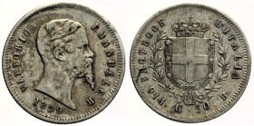 RE ELETTO VITTORIO EMANUELE II (1859-1861) 50 Centesimi 1859 B Bologna Gig. 14 R AG gr. 2,49

BB/SPL