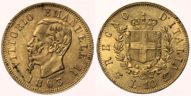 REGNO D’ITALIA VITTORIO EMANUELE II (1861-1878) - 10 lire 1863 Torino Gig 27 Au Oro Gold gr. 3,21 colpetto al bordo

SPL