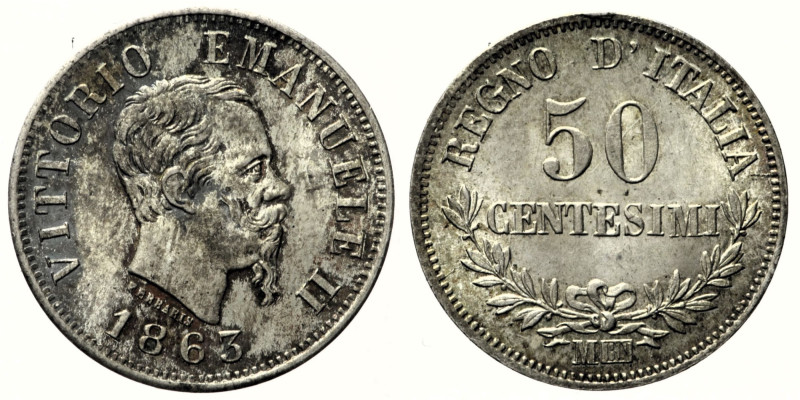REGNO D’ITALIA VITTORIO EMANUELE II (1861-1878) - 50 Centesimi 1863 Milano Valor...