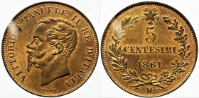 REGNO D’ITALIA VITTORIO EMANUELE II (1861-1878) - 5 Centesimi 1861 M Milano Gig. 102 CU - gr. 5,00. Conservazione eccezionale

FDC Eccezionale