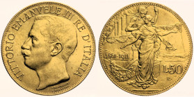 REGNO D’ITALIA VITTORIO EMANUELE III (1900-1943) 50 Lire 1911 Roma Gig 19 R AU Oro Gold gr 16,11 Insignificanti contatti sul bordo. Ottimo esemplare
...