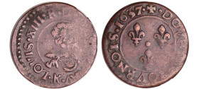 France - Louis XIII (1610-1643) - Double tournois au buste viril et col plat ou de dentelle - 1637 K (Bordeaux)