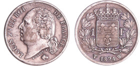 France - Louis XVIII (1815-1824) - 1 franc au buste nu 1824 W (Lille)