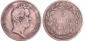 France - Louis-Philippe Ier (1830-1848) - 5 francs tête nue sans le I tranche en creux 1830 A (Paris)