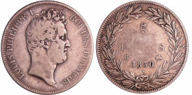 France - Louis-Philippe Ier (1830-1848) - 5 francs tête nue tranche en creux 1830 B (Rouen)