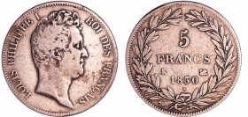 France - Louis-Philippe Ier (1830-1848) - 5 francs tête nue tranche en creux 1830 K (Bordeaux)