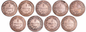 France - Louis-Philippe Ier (1830-1848) - 5 francs tête nue tranche en creux série année 1831 (9 monnaies)