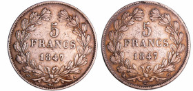 France - Louis-Philippe Ier (1830-1848) - 5 francs tête laurée 1er type tranche en relief année 1847 (2 monnaies)