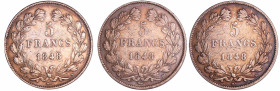 France - Louis-Philippe Ier (1830-1848) - 5 francs tête laurée 1er type tranche en relief année 1848 (3 monnaies)