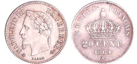 France - Napoléon III (1852-1870) - 20 centimes tête laurée petit module 1864 A (Paris)