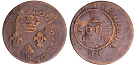 France - Louis XVI (1774-1793) - Guyane - 2 sous de Cayenne 1780 A (Paris) frappe décalée