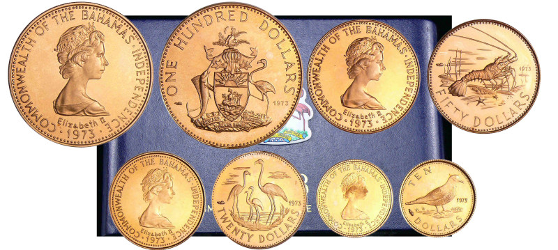Bahamas - Jubilé de l'indépendance, set de 4 monnaies or 1973
10 (1.60 gr) , 25...