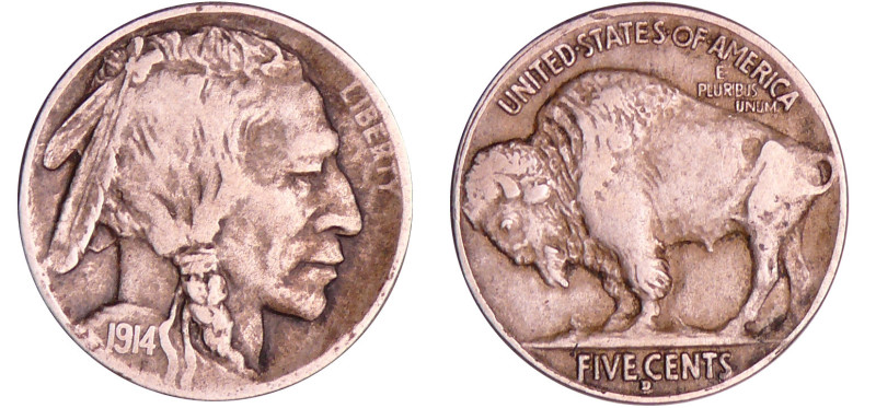 Etats-Unis - Buffalo head 5 cents 1914 D (Denver)
SUP
KM#134
 Cu / Ni ; 4.91 ...