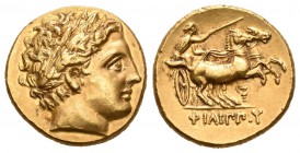 Imperio Macedonio. Filipo II. Estátera. 340-328 a.C. Mende. (Müller-108). (Sear-6663). (SNG Cop-523). Anv.: Cabeza laureada de Apolo a derecha. Rev.: ...