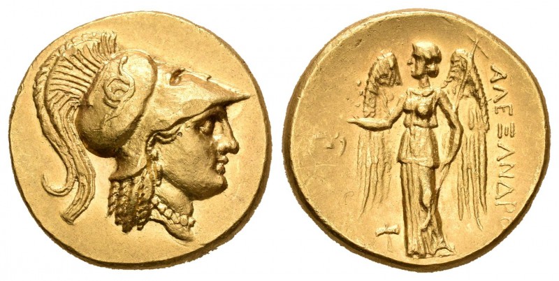 Imperio Macedonio. Alejandro III Magno. Estátera. Anv.: Cabeza de Atenea con cas...