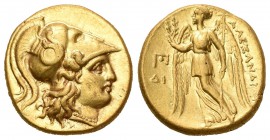 Alejandro III Magno. Estátera. Incierta. Anv.: Cabeza de Atenea con casco corinto, adornado con serpiente enroscada. Rev.: Victoria en pie a izquierda...