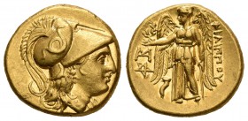 Imperio Macedonio. Filipo III Arrideo. Estátera. 323-316 a.C. Abydos. (Gc-6746). (Price-36). Anv.: Cabeza de Atenea a derecha, con casco corintio ador...