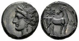 Zeugitania. Shekel. 300-242 a.C. Cartago. (Müller-108). (SNG Cop-141f). Anv.: Cabeza de Tanit a izquierda. Rev.: Caballo parado volviendo la cabeza, p...