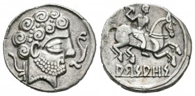 Arsaos. Denario. 120-80 a.C. Jaca (Huesca). (Abh-139). (Acip-1656). Anv.: Cabeza barbada a derecha, delante delfín y detrás arado. Rev.: Jinete con da...