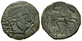 Bentian. As. 120-80 a.C. Zona de Navarra. (Abh-250). (Acip-1678). Anv.: Cabeza masculina a derecha, delante delfín y detrás BeNCoDA. Rev.: Jinete con ...
