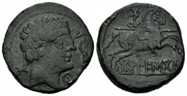 Bornescon. As. 120-80 a.C. (Abh-294). (Acip-1587). Anv.: Cabeza masculina a derecha, delante delfín entre letras ibérica N y R, detrás letra ibérica B...