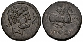 Conterbia Carbica. As. 120-80 a.C. Huete (Cuenca). (Abh-850). (Acip-1833). Anv.: Cabeza barbada a derecha, delante delfín y detrás letra ibérica Co. R...