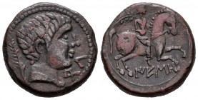 Ieso. As. Siglo I a.C. Guisona (Lleida). (Abh-1424). (Acip-1383). Anv.: Cabeza masculina a derecha, delante letras ibéricas BeL, detrás palma. Rev.: J...