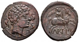 Lagine. as. 120-20 a.C. Fuentes de Ebro (Zaragoza). (Abh-1656). (Acip-1505). Anv.: Cabeza masculina a derecha con adornos en el cuello, rodeada de tre...