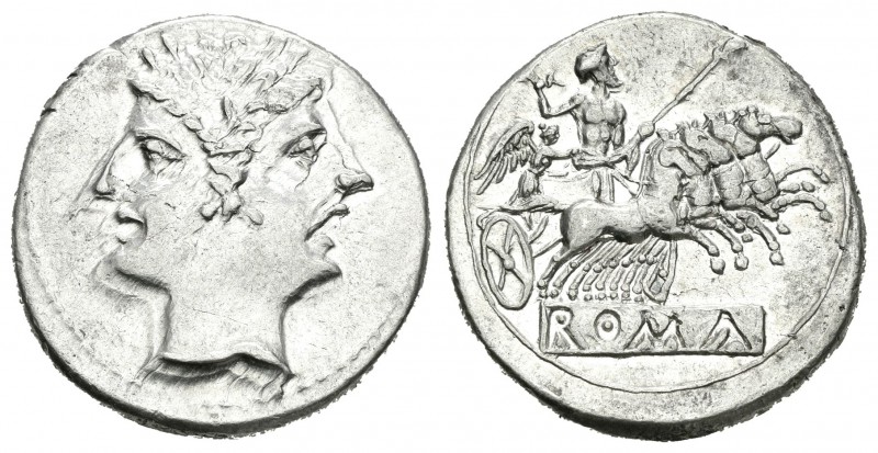 Anónima. Didracma - Cuadrigatus. 22-205 a.C. Roma. (S-24). Anv.: Cabeza laureada...