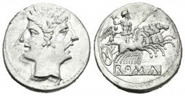 Anónima. Didracma - Cuadrigatus. 22-205 a.C. Roma. (S-24). Anv.: Cabeza laureada de Jano bifronte. Rev.: Júpiter en cuádriga a derecha con Victoria, d...