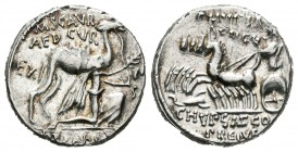 Aemilia. Denario. 58 a.C. Roma. (Ffc-120). (Craw-422/1b). (Cal-89). Anv.: El Rey Aretas de rodillas con rama de olivo, detrás camello, encima M SCAVR ...