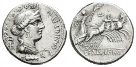 Annia. Denario. 82-81 a.C. Hispania. (Ffc-138). (Craw-366/1a). (Cal-116). Anv.: Busto diademado de Anna Perenna a derecha, delante balanzas, detrás ca...