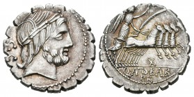 Antonia. Denario. 83-82 a.C. Roma. (Ffc-156). (Craw-364/1d). (Cal-139). Anv.: Cabeza laureada de Júpiter a derecha. Rev.: Victoria en cuadriga a derec...