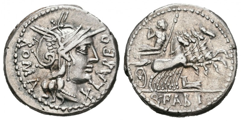 Fabia. Denario. 124 a.C. Norte de Italia. (Ffc-698). Anv.: Cabeza de Roma a dere...