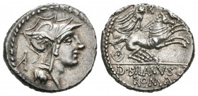 Junia. Denario. 91 a.C. Roma. (Ffc-789). (Craw-337/3a). (Cal-869). Anv.: Cabeza de Roma a derecha, detrás A. Rev.: Victoria en biga a derecha, encima ...