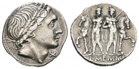 Memmia. Denario. 109-108 a.C. Sur de Italia. (Ffc-906). (Craw-304/1). (Cal-980). Anv.: Cabeza laureada a derecha, delante X. Rev.: Los Dioscuros en pi...
