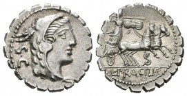 Procilia. Denario. 80 a.C. Roma. (Ffc-1083). (Craw-379/1). (Cal-1226). Anv.: Cabeza laureada de Júpiter a derecha y detrás SC. Rev.: Juno Sóspita a de...