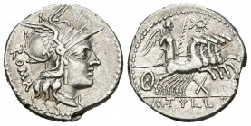 Tullia. Denario. 120 a.C. Roma. (Ffc-1162). (Craw-280-1). (Cal-1317). Anv.: Cabeza de Roma a derecha, detrás ROMA. Rev.: Victoria con palma en cuadrig...