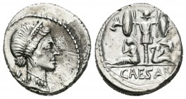 Julio Cesar. Denario. 46-45 a.C. Galia. (Ffc-11). (Craw-468/1). (Cal-645). Anv.: Cabeza diademada de Venus a derecha, detrás cupido. Rev.: Trofeo de a...