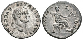 Vespasiano. Denario. 73 a.C. Roma. (Spink-2305). (Ric-65). Rev.: PONTIF MAXIM. Vespasiano sentado a derecha con cetro y rama. Ag. 3,39 g. Rayita en re...