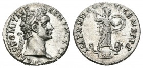 Domiciano. Denario. 92-3 d.C. Roma. (Spink-2736). (Ric-174). Rev.: IMP XXII COS XVI CENS P P. Minerva de pie a derecha con rayos y escudo, búho a sus ...
