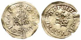 Egica y Witiza (698-702). Tremissis. Asidona (Medina Sidonia). (Cnv-555, mismo ejemplar). Anv.: +I·A·INMEGICAP+. Rev.: INPINDMEIVVITTIZAD+ (La primera...