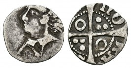 Corona de Aragón. Alfonso V (1416-1458). 1/3 croat. 1458-1479. (Cru-824). Ag. 0,52 g. Recortada para circular como 1/6 de croat. BAR en tres puntos. R...