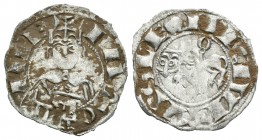 Reino de Castilla y León. Alfonso VII (1126-1157). Dinero. León. (Abm-81). (Bautista-51). Anv.: Busto de frente. IMPERATO. Rev.: León a izq. Con remat...