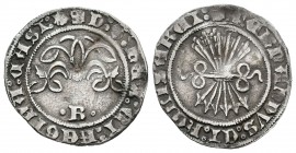 Fernando e Isabel (1474-1504). 1/2 real. Burgos. (Cal-423). Ag. 1,67 g. Con venera al final de la leyenda en anverso y B entre roeles. Ligeramente gol...