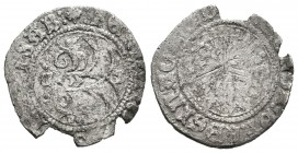 Fernando e Isabel (1474-1504). 1/2 real. Cuenca. (Cal-no la cita). Ag. 1,51 g. Con C gótica entre puntos y cabeza de becerro. Hoja de perejil en la le...