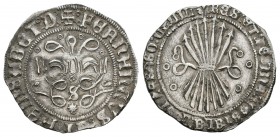 Fernando e Isabel (1474-1504). 1/2 real. Sevilla. (Cal-471 variante). Ag. 1,71 g. Con S, estrella y roeles. Flor de lis en la leyenda del reverso. Bue...