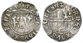 Fernando e Isabel (1474-1504). 1/2 real. Toledo. (Cal-486). Anv.: FY coronadas. Adornos en el campo, dos grupos de tres puntos. Rev.: T debajo de cast...