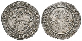 Fernando e Isabel (1474-1504). 1/2 real. Toledo. (Cal-490 variante). Ag. 1,70 g. Con T surmontada por cruz de puntos. Leyendas de anverso y reverso in...